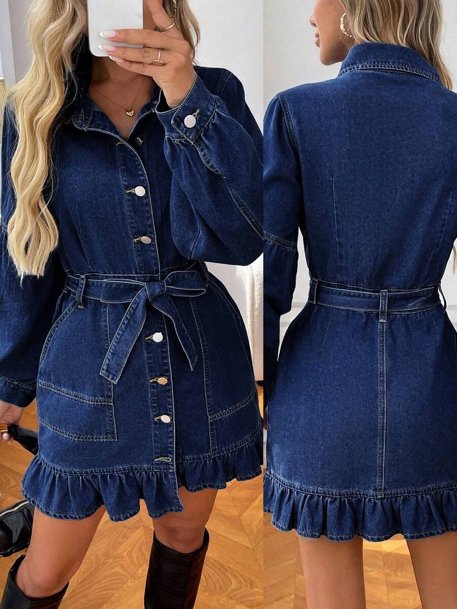 Đầm midi denim dáng rộng dành cho nữ cỡ lớn, màu xanh dương, thích hợp cho mùa thu/đông. - Rửa tối - Xem 1