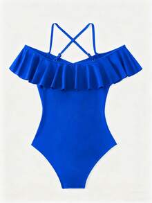 SHEIN Swim Áo tắm liền thân cổ yếm màu trơn dành cho nữ, thích hợp cho kỳ nghỉ biển, tiệc bể bơi, tiệc bãi biển. - Xanh đậm - Xem 7