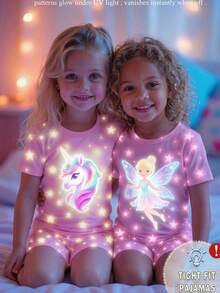 少女梦幻仙女星印花夜光可爱针织弹力面料舒适柔软圆领短袖短裤两件套睡衣 - 粉色 - 查看 3