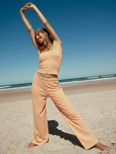 Easelle Orange Striped Knit Casual 2 Pieces Set For Women Summer Casual Sports  Beach Outfits For Women Vacation Outfits Women