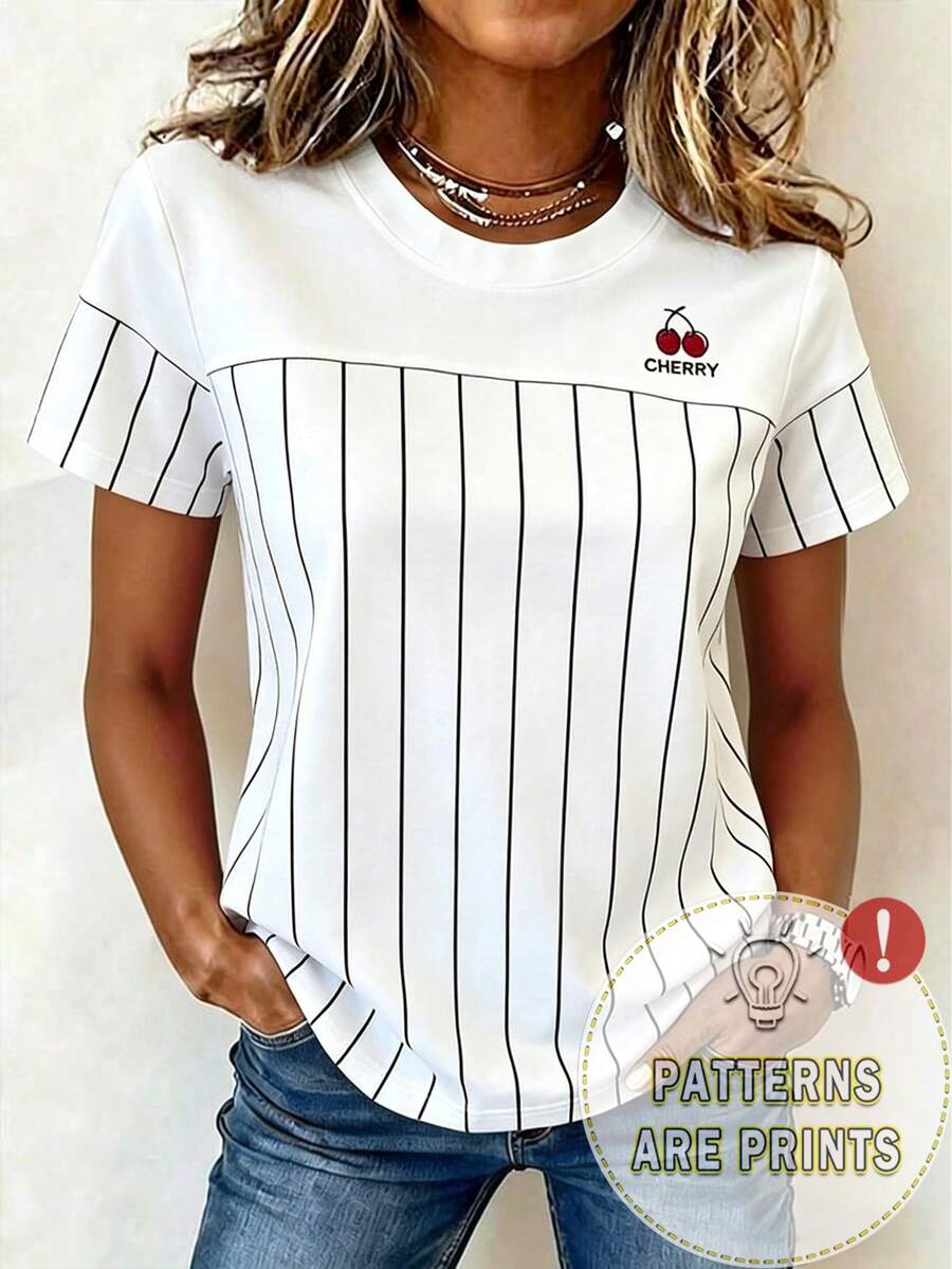 Best-Selling Cherry Embroidery, Digital Stripe Round Neck Women's T-Shirt, Fashionable Casual Suitable For Daily And Event Wear - White - View 1