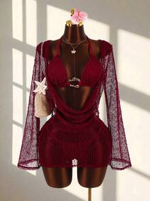 3 piezas Conjunto de Bikini Sexy de Mujer - Top, Bottom y Cubridor - Burdeos - Ver 1