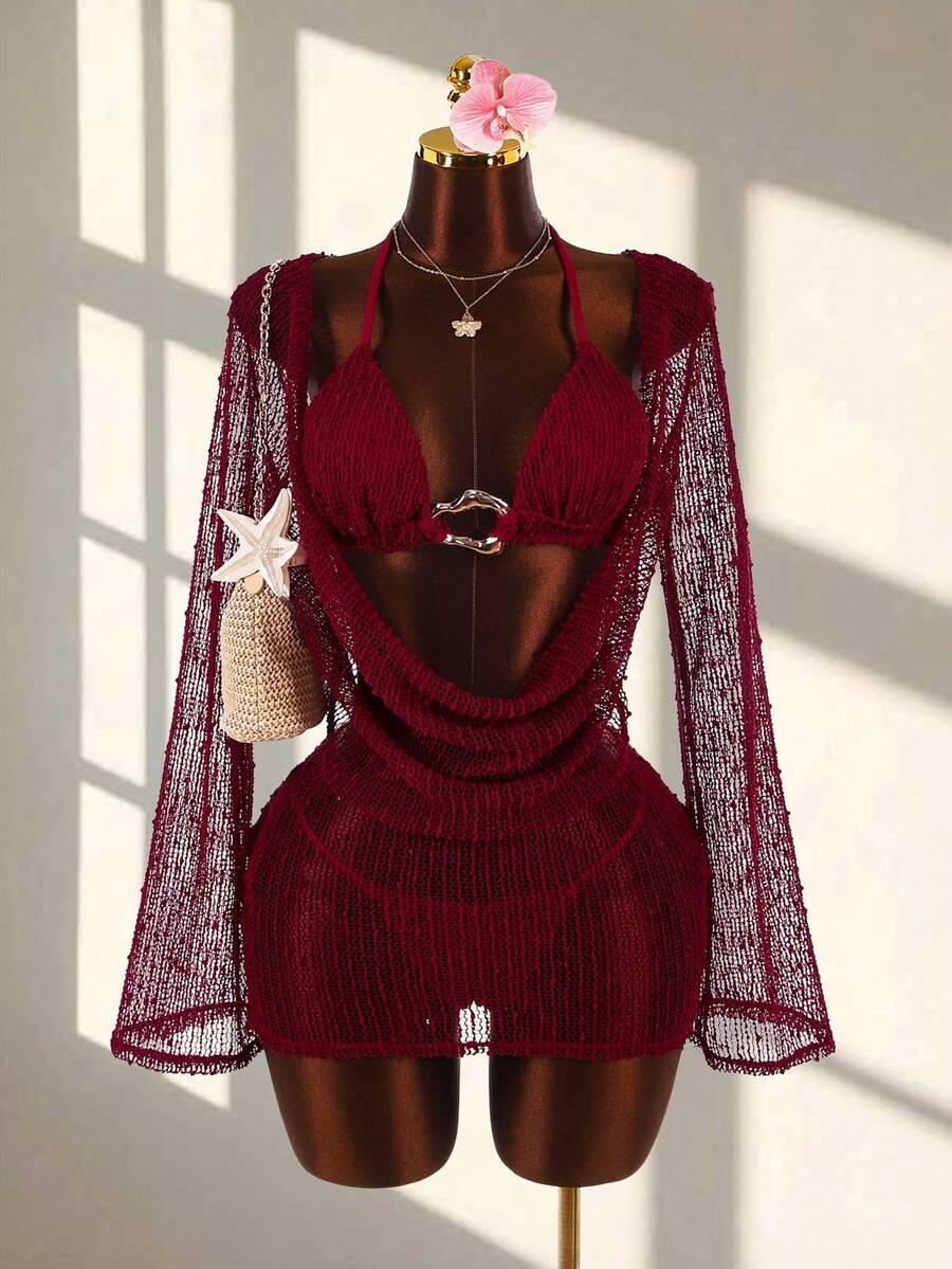 3 piezas Conjunto de Bikini Sexy de Mujer - Top, Bottom y Cubridor - Burdeos - Ver 1