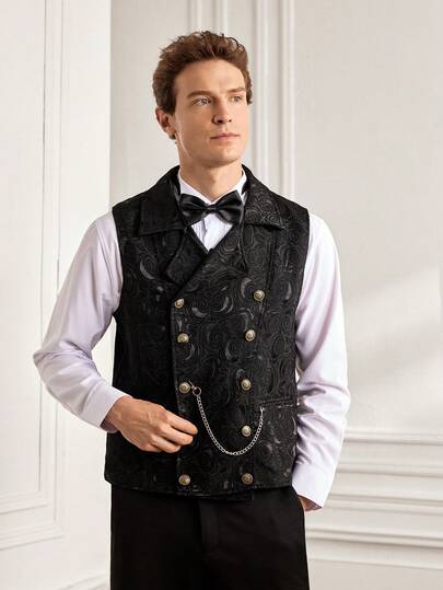 Officeau Men's Black Double-Breasted Suit Vest With Chain, Retro British Style Suitable For Weddings, Parties, Formal Events, Galas