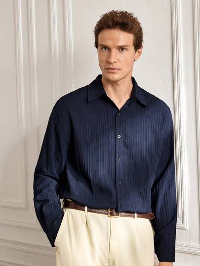 Officeau Men's Casual Basic Ribbed Ribbed Textured Fabric Button-Up Long Sleeve Collared Shirt