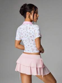 SHEIN Sovereign Charm Women's Floral Plaid Digital Print V-Neck Short Sleeve Sports Polo Shirt For Workout & Outdoor Activities - White - View 2