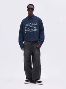 SUMWON Crop Fit Men's Oversized Long Sleeve Button Down Shirt With Front Text Graphics Navy Blue Casual Statement Shirt - Navy Blue - View 5