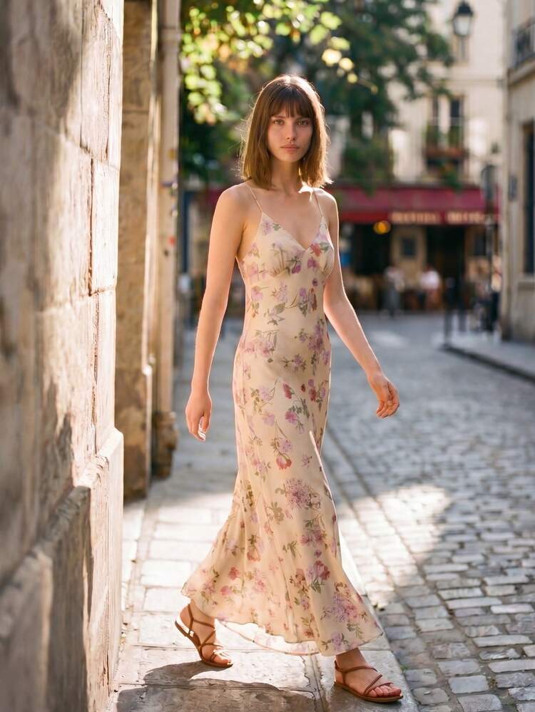 Yellow Floral Print Satin Strappy Maxi Dress With Tie Back Detail Spring Summer Occasion Dress Vacation Dress Wedding Guest Dress French Style Parisian Style Festival Dress Yellow Long Dress