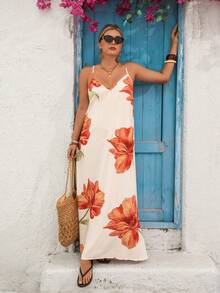 Breezaya Vestido Plus Size de Estilo Casual de Férias com Estampa Aleatória e Costas Abertas para Mulheres - Laranja - Visão 3
