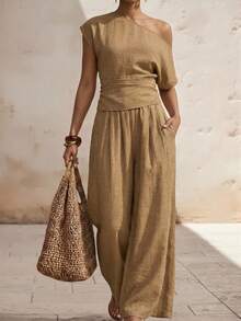 Zivah Neuer eleganter Sommer Khaki Leinen Schulterfreie Rüschen Bluse + Weite Bein Lang Hose Damen Zweiteiler. Perfekt für den täglichen Gebrauch, Einkaufen, Reisen, Urlaub, Pendeln, Brunch, Dates, Flughafen Outfits, Festivals, Musikfestivals, Konzerte, Western, Nomadisch, Schulanfang, Nachmittagstee. - Khaki - Übersicht 4