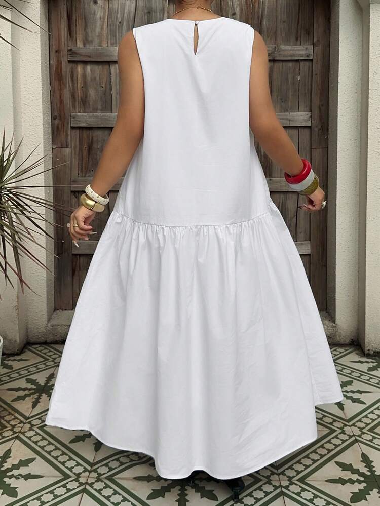 Dazy Plus Plus Size Women White Casual Dress, Round Neck, Spring/Summer