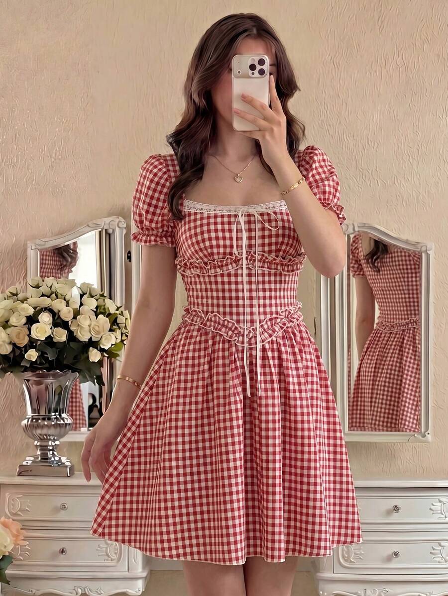 Glamine Charm Gingham Off Shoulder Mini Dress Cottagecore Picnic Dress Coquette Ribbon A-Line Dress Summer Vintage Casual Dress Classic Gingham Check Print Off Shoulder Bardot Neckline Flare A-Line Skater Hem Outdoor Garden Picnic Casual Daily Outing Romantic Date Appointment Beach Holiday Trip Spring Festival Event Summer Sweet Feminine
