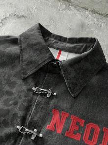 NEON BLANC Áo sơ mi denim nam tay ngắn kiểu dáng thường ngày, khóa cài hình máy bay, họa tiết da báo. - màu đen - Xem 3
