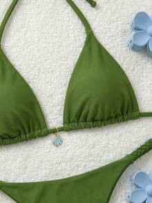 Soleia 女士简约纯色露背系带挂脖比基尼套装，适合海滩和度假 - 墨綠色 - 查看 6