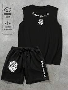 Manfinity EMRG Bộ đồ nam phong cách retro đường phố in chữ "Never Give Up" (Không bao giờ bỏ cuộc) gồm áo tank top và quần short. - màu đen - Xem 1