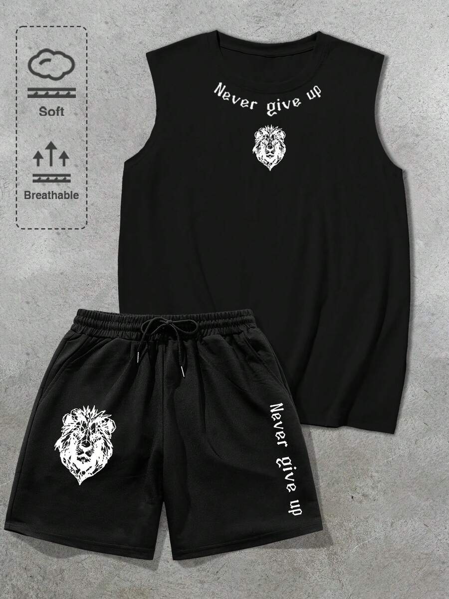 Manfinity EMRG Bộ đồ nam phong cách retro đường phố in chữ "Never Give Up" (Không bao giờ bỏ cuộc) gồm áo tank top và quần short. - màu đen - Xem 1