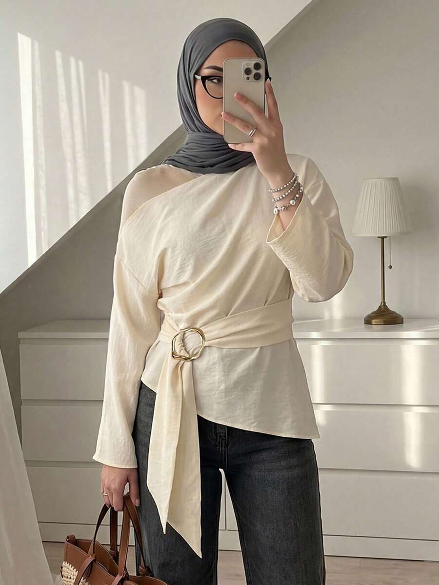Elenzga Áo sơ mi dài tay nữ màu trơn có khóa cài hình tròn - Màu be - Xem 1