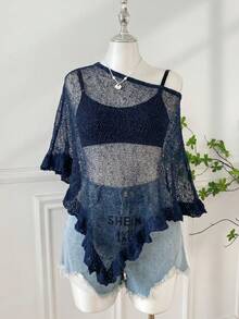 SHEIN EZwear 大码女式不对称下摆休闲套头毛衣，日常百搭 - 藏蓝色 - 查看 6