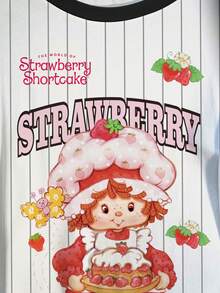 Strawberry Shortcake X SHEIN Camiseta casual versátil de manga corta con cuello redondo y estampado de dibujos animados para mujer de talla grande - Blanco - Ver 4