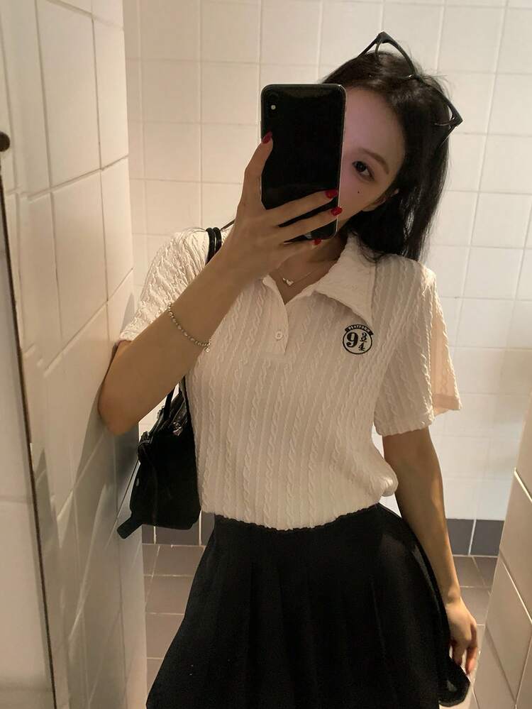 Women's Letter Embroidered Short Sleeve Polo Collar Casual T-Shirt
