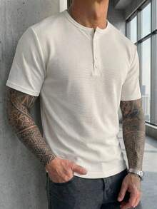 DAZY Camiseta básica de media cremallera con textura y unicolor para hombre - Blanco - Ver 5