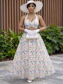 Slaydiva Conjunto Elegante de Duas Peças com Floral para Mulheres com Top Cropped e Saia de Cintura Alta, Confortável e Estiloso para Clima Quente - Multicolorido - Visão 12