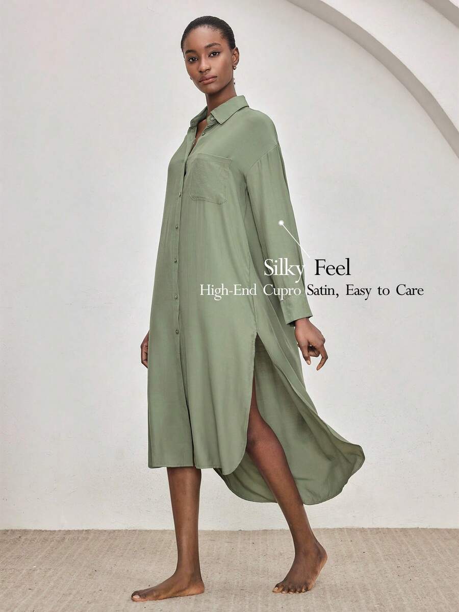 Ocili Soft & Comfortable Mandarin Collar Long Sleeve Maxi Dress With Shell Buttons, Viscose & Cotton Blend Sleepwear For Women - Dark Green - View 1