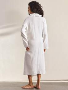 Ocili Cotton Embroidered Lace Double-Layer Crinkle Cotton Soft & Comfortable Robe With Frill Trim For Women - White - View 3
