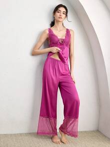Ocili 2pcs Bohemian Style Lace Trim Camisole & Pants Sleepwear Set, Comfortable Women Pajamas - Hot Pink - View 6