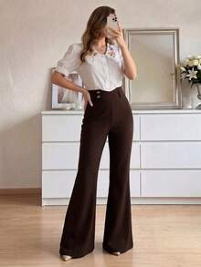 Modelyn Pantalones de pierna acampanada de cintura alta y ajuste delgado para mujer, para primavera/verano - Café integral - Ver 1