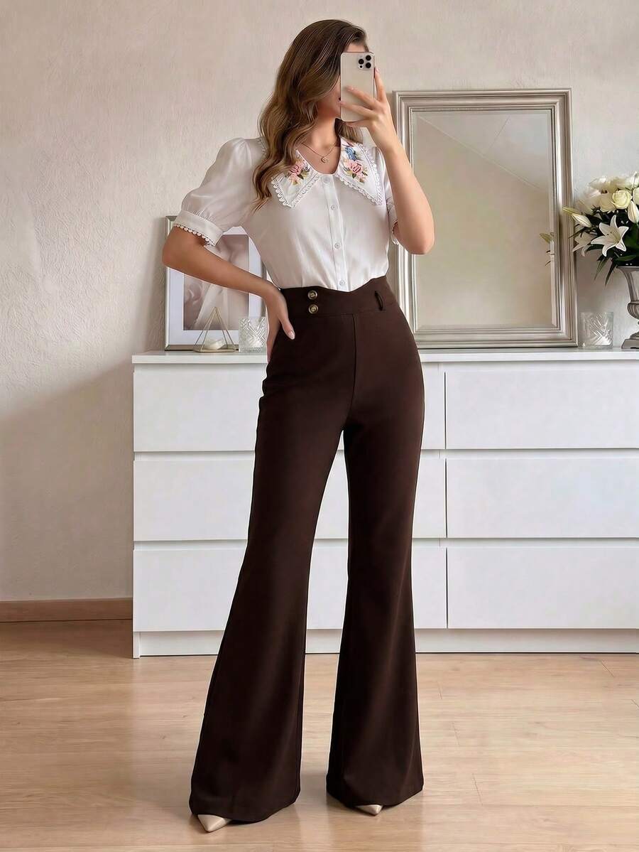 Modelyn Pantalones de pierna acampanada de cintura alta y ajuste delgado para mujer, para primavera/verano - Café integral - Ver 1
