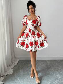 SHEIN Elenzya 女士方领印花褶皱腰身优雅短款派对连衣裙 - 杏色 - 查看 3