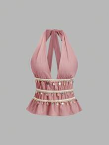 SHEIN Sweetro Bộ đồ nữ phong cách Bohemian màu mơ gồm áo hai dây cổ chữ V, dây mảnh đính sequin hình vỏ sò và quần ống rộng thoải mái, đa năng, thích hợp cho mùa xuân/hè. - Bụi hồng - Xem 3