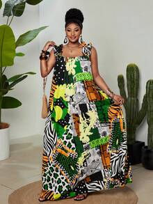 Maweii Plus Size Women's Black And White Contrasting Print Summer Boho Vacation Holiday Dress, Colorful Asymmetric Ruffle Edge Suspender Tropical Long Dress - Green - View 7