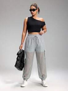 SHEIN EZwear 大码休闲运动裤，带口袋，适合日常穿着，灰色 - 灰色 - 查看 6
