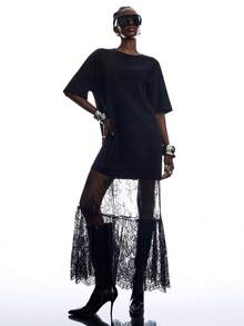 LYSMO 透视蕾丝拼接性感优雅连衣裙 - 黑色 - 查看 1