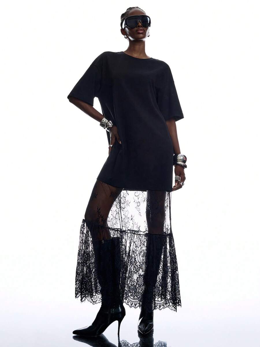 LYSMO 透视蕾丝拼接性感优雅连衣裙 - 黑色 - 查看 1