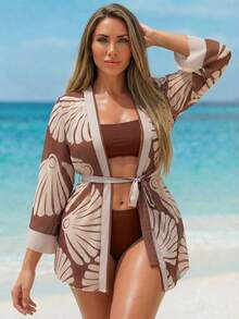 Swim Lushoire Plus Size Women Belted Printed Casual Vacation Beach Cardigan Jacket - Brown - View 4