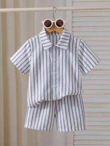 SHEIN Bộ 2 món áo sơ mi và quần short dệt kim kẻ sọc cho bé trai - Nhiều màu - Xem 1