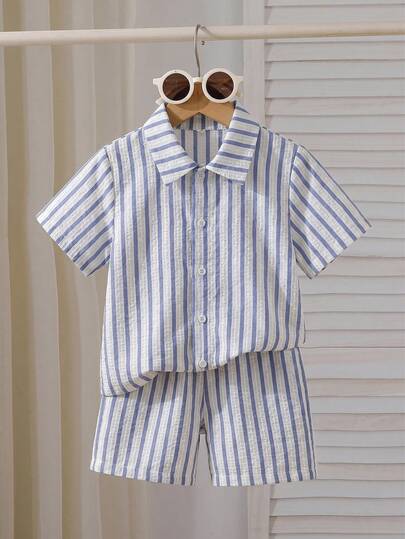 SHEIN Bộ 2 món áo sơ mi và quần short dệt kim kẻ sọc cho bé trai