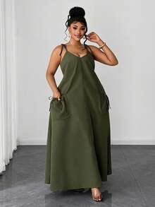 SHEIN CURVE+ Plus Size Spaghetti Strap Casual Lace-Up Solid Color Retro Elegant Dress - Army Green - View 5
