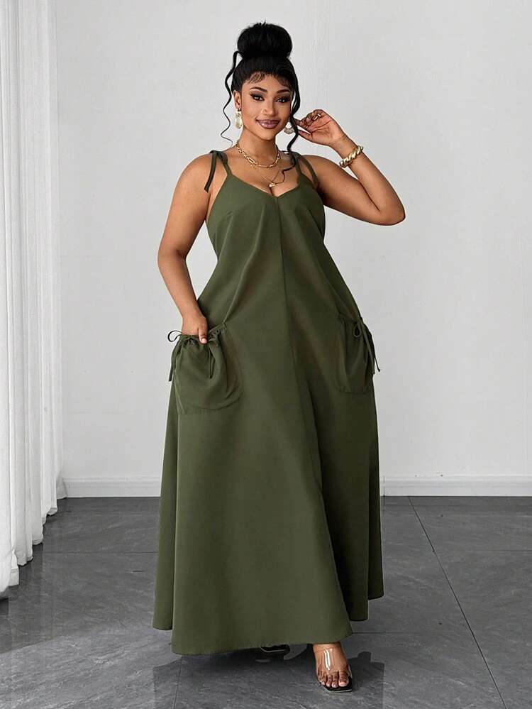 SHEIN CURVE+ 大码吊带休闲系带纯色复古优雅连衣裙 - 軍綠色 - 查看 5