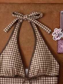Elavelle Áo bikini hai dây họa tiết ngẫu nhiên thắt nơ dành cho nữ, trang phục đi biển mùa xuân/hè cho nữ, đồ bơi mùa hè, đồ bơi kẻ caro, đồ bơi cổ yếm - Nhiều màu - Xem 4