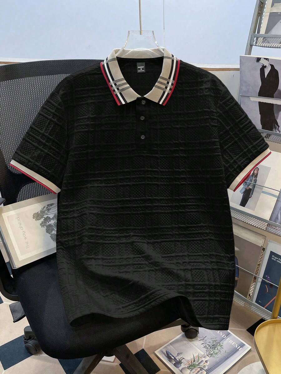 Manfinity Joysei Camisa polo formal de hombre con cuello acanalado texturizado jacquard y 3 botones - Negro - Ver 1