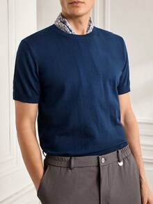 Officeau Men's Casual Solid Color Short Sleeve Pullover Knit Top, Spring/Summer - Navy Blue - View 7