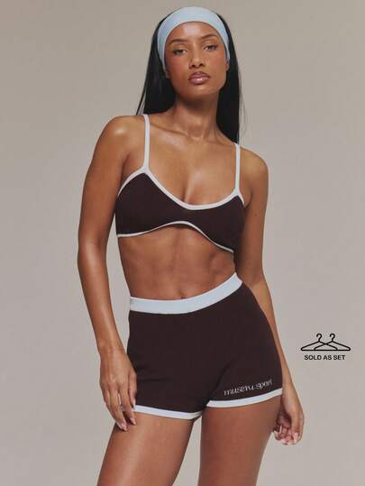 Musera Sport 撞色针织运动文胸上衣和高腰Logo运动短裤套装，适合运动健身、健身房、普拉提、日常休闲穿着，水蓝色