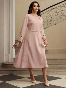 ZEYLAH Dusty Pink Cinched Waist Dress With Long Sleeves And Elegant Waistline Tea Party Autumn - Pink - View 1