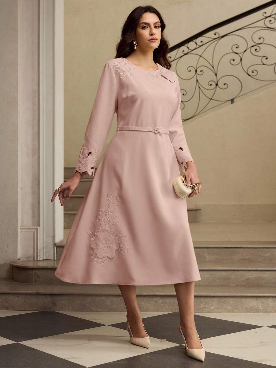 ZEYLAH Dusty Pink Cinched Waist Dress With Long Sleeves And Elegant Waistline Tea Party Autumn - Pink - View 1