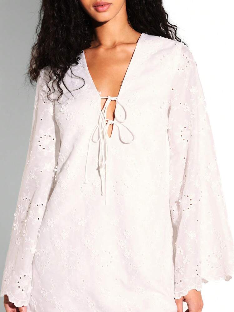 KSTM White Eyelet Embroidered Sleeveless Deep V Neck Mini Dress Summer Spring Casual Beach Vacation Feminine Boho Chic Scalloped Hem Broderie Anglaise Short Dress