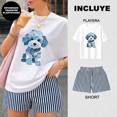 Conjunto de dos piezas, playera y short, playera estampada con diseño de perro, estilo mezclilla pero es estampado, short corto de rayas en color Azul Marino con Blanco, para mujer, adecuado para vacaciones en la playa, conjunto de verano, atuendo de vacaciones, ropa de viaje, estilo de playa, ropa de vacaciones, para temporada de calor
